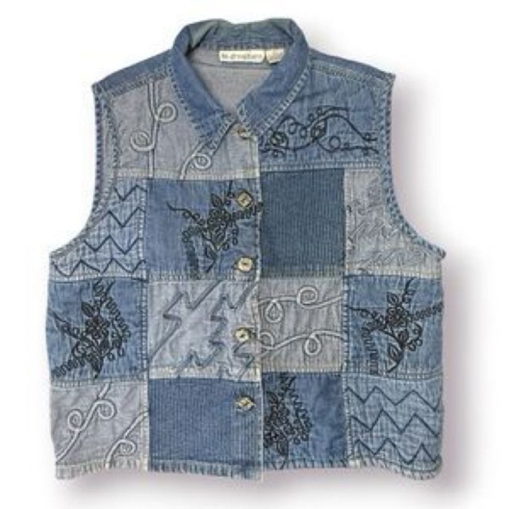 Vintage denim patchwork vest embroidered art teacher eclectic grandma‎ M